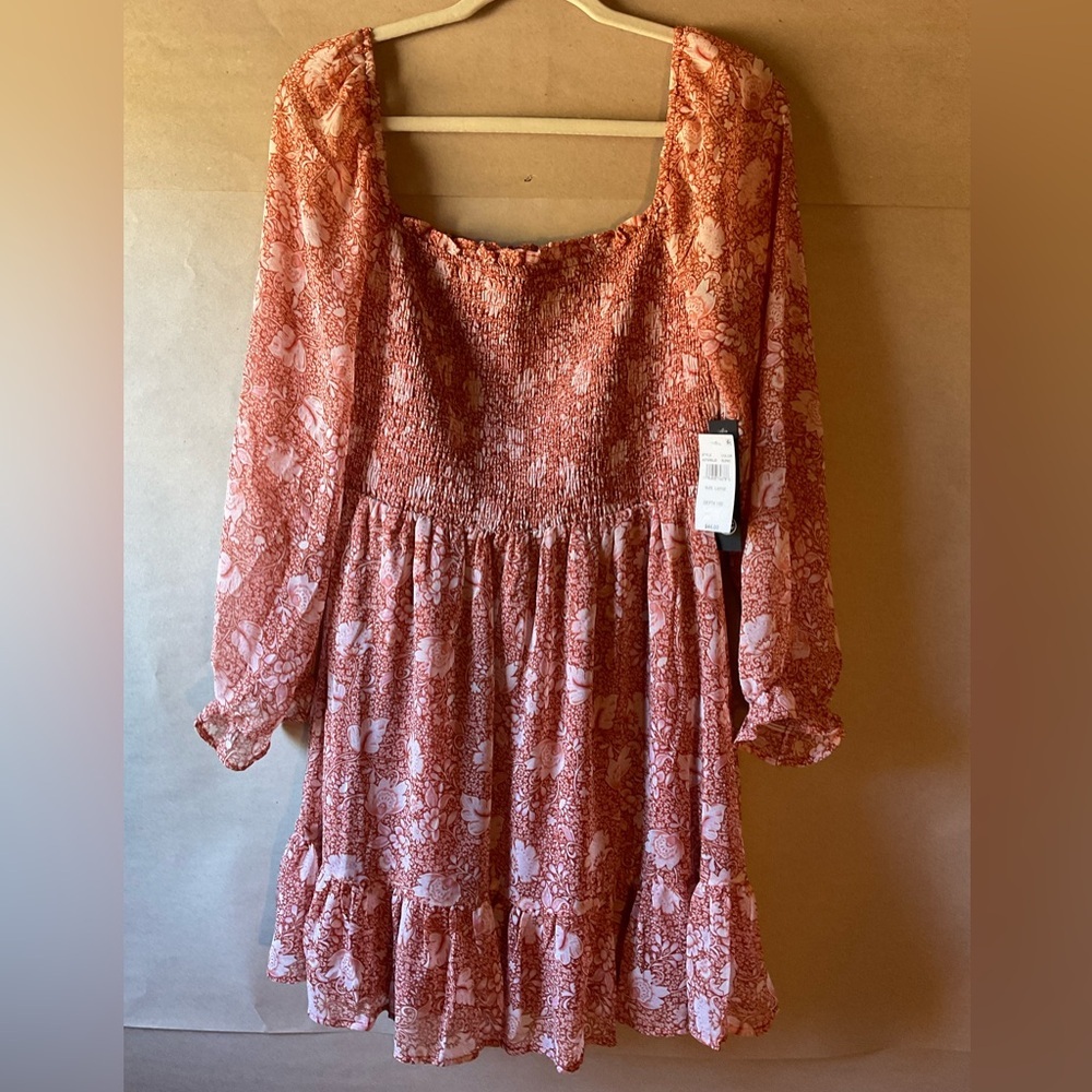 As U Wish Floral Smocked Dress with Long Sleeves. NWT. Size L.